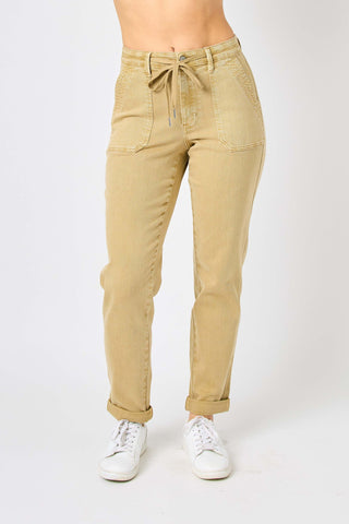 Judy Blue High Waist Garment Dyed Khaki Cuffed Jogger Denim 88815-Jeans-Sunshine and Wine Boutique