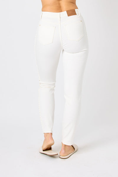 Judy Blue Mid Rise Braided Detail White Relaxed Fit Denim 88782-Jeans-Sunshine and Wine Boutique