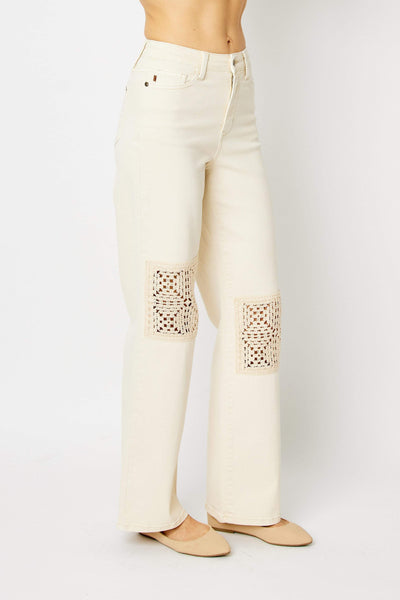 Judy Blue High Waist Garment Dyed Ecru Crochet Patches Wide Leg Denim 88836-Jeans-Sunshine and Wine Boutique