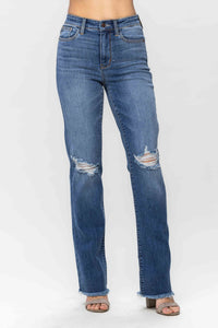 Judy Blue High Waist Knee Destroy & Fray Hem Straight Denim 82513 - Exclusive-Jeans-Sunshine and Wine Boutique