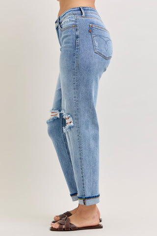 Judy Blue Mid Rise Destroyed Cuffed Boyfriend Denim Jeans 82688