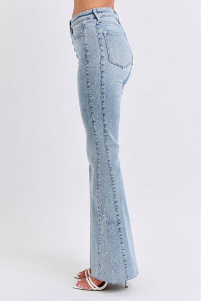 Judy Blue Mid Rise Button Fly Rhinestone Side Panel Detail Flare Denim Jeans 88895-Jeans-Sunshine and Wine Boutique