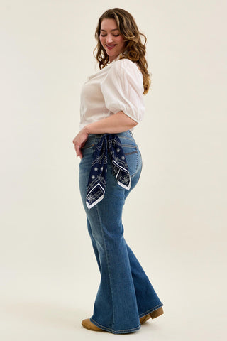 Judy Blue Mid Rise Triple Needle Pockets & Bandana Loop Jaqueline Flare Denim Jeans 82726