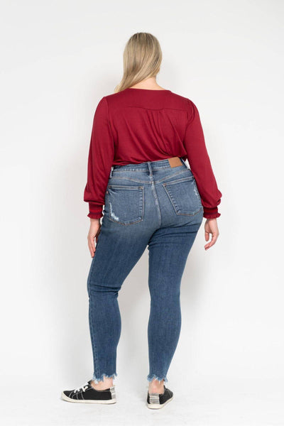 Judy Blue High Waist Destroy & Shark Bite Hem Skinny Denim Jeans 82491-Jeans-Sunshine and Wine Boutique