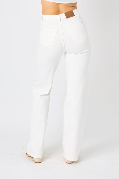 Judy Blue High Waist Braided Waistband White Wide Leg Denim 88781-Jeans-Sunshine and Wine Boutique