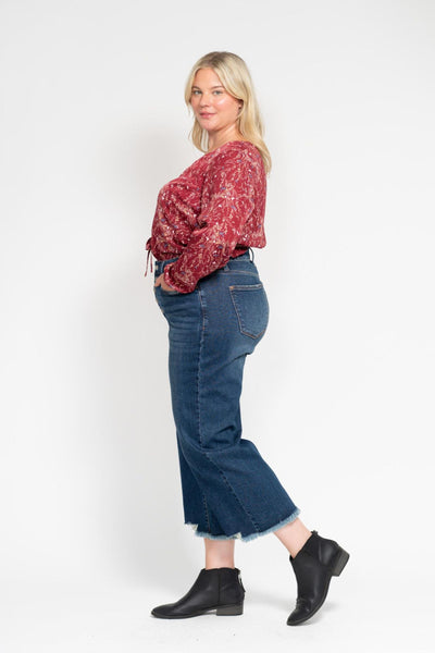 Judy Blue High Waist Button Fly Destroy Wide Leg Crop Denim Jeans 88887-Jeans-Sunshine and Wine Boutique