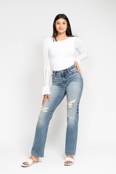 Judy Blue High Waist Harsh Tint & Destroy Straight Dad Denim Jeans 82641-Jeans-Sunshine and Wine Boutique