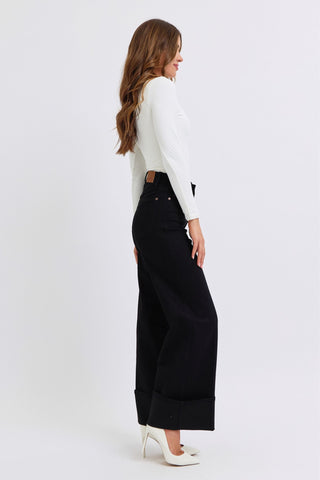 Judy Blue High Waist Retro Wide Leg Black Cuffed Denim Jeans 82617