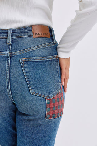 Judy Blue High Waist Plaid Patch Slim Denim Jeans 88868