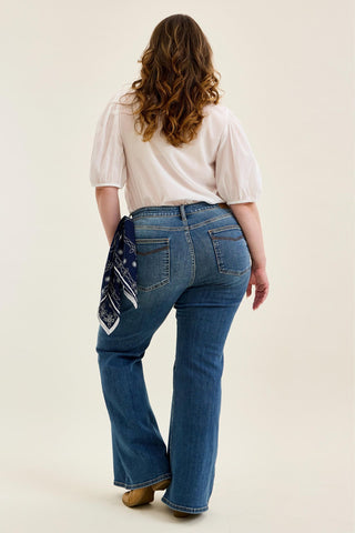 Judy Blue Mid Rise Triple Needle Pockets & Bandana Loop Jaqueline Flare Denim Jeans 82726