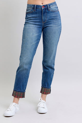 Judy Blue Mid Rise Plaid Print Cuff Boyfriend Denim Jeans 88877-Jeans-Sunshine and Wine Boutique