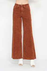 Judy Blue High Waist Garment Dyed Pumpkin Spice Raw Hem Retro Wide Leg Denim 88888-Jeans-Sunshine and Wine Boutique