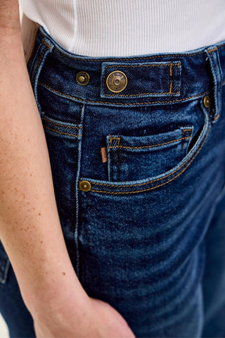 Judy Blue High Waist Adjustable Waistband Tabs Raw Hem Retro Wide Leg Denim Jeans 881114 - Petite