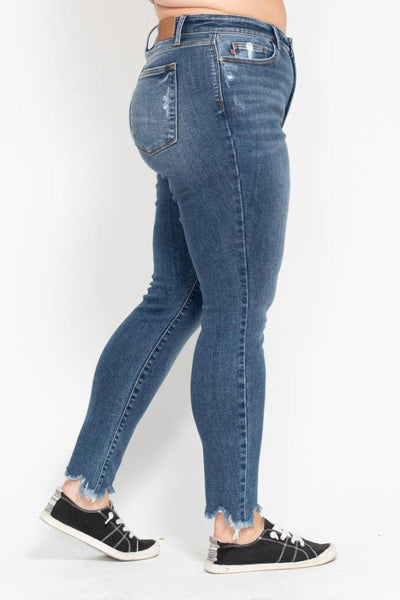 Judy Blue High Waist Destroy & Shark Bite Hem Skinny Denim Jeans 82491-Jeans-Sunshine and Wine Boutique