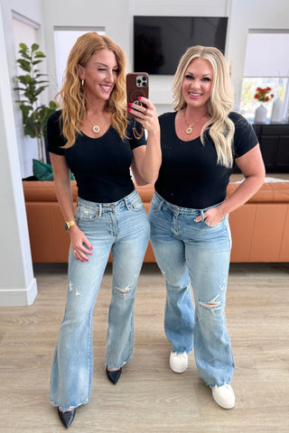 Judy Blue Caroline Mid Rise Control Top Distressed Flare Jeans - Exclusive