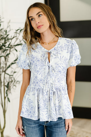 Haptics Dainty Lil' Thing Balloon Sleeve Blouse in Ivory/Blue