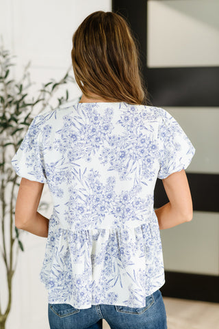 Haptics Dainty Lil' Thing Balloon Sleeve Blouse in Ivory/Blue