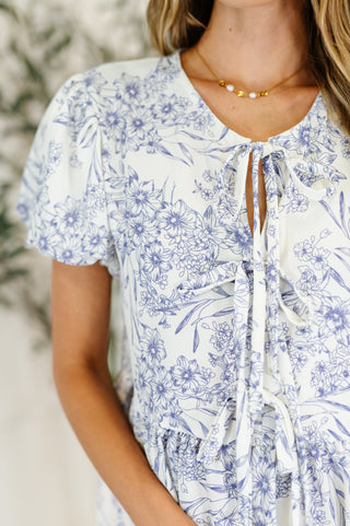 Haptics Dainty Lil' Thing Balloon Sleeve Blouse in Ivory/Blue