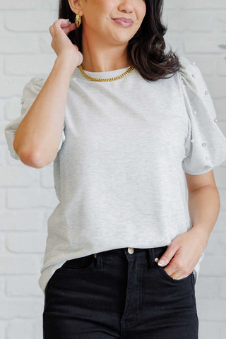 One Eleven North Diamonds and Pearls Puff Sleeve Top in Light Grey