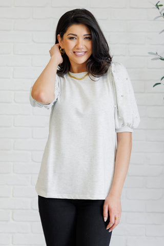 One Eleven North Diamonds and Pearls Puff Sleeve Top in Light Grey