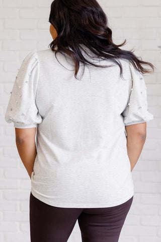One Eleven North Diamonds and Pearls Puff Sleeve Top in Light Grey