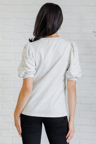 One Eleven North Diamonds and Pearls Puff Sleeve Top in Light Grey