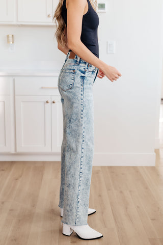 Judy Blue Dory High Waist Mineral Wash Raw Hem Wide Leg Jeans - Exclusive