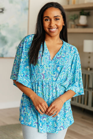 Dear Scarlett Dreamer Peplum Top in Blue and Teal Paisley