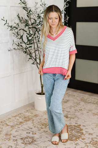 Haptics Dressed to Chill V-Neck Top in Heather/Grey/Ivory/Pink