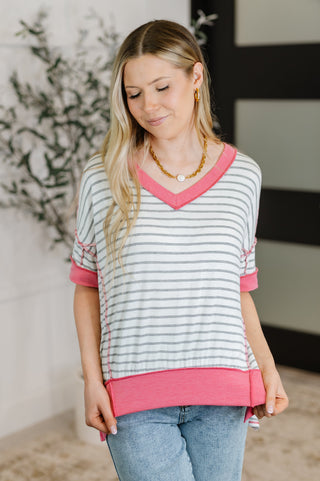 Haptics Dressed to Chill V-Neck Top in Heather/Grey/Ivory/Pink