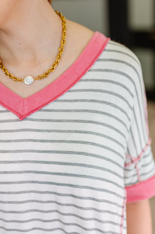 Haptics Dressed to Chill V-Neck Top in Heather/Grey/Ivory/Pink