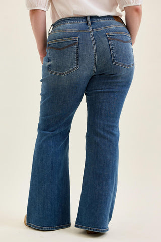 Judy Blue Mid Rise Triple Needle Pockets & Bandana Loop Jaqueline Flare Denim Jeans 82726