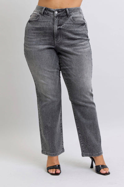 Judy Blue High Waist Rhinestone Gray Straight Denim Jeans 88919-Jeans-Sunshine and Wine Boutique