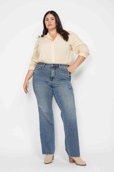 Judy Blue High Waist "Tummy Control" Raw Hem Straight Denim 88848-Jeans-Sunshine and Wine Boutique