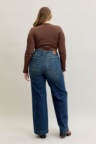 Judy Blue High Waist Front Welt Pockets Retro Wide Leg Denim Jeans 881023