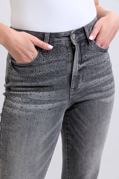 Judy Blue High Waist Rhinestone Gray Straight Denim Jeans 88919-Jeans-Sunshine and Wine Boutique