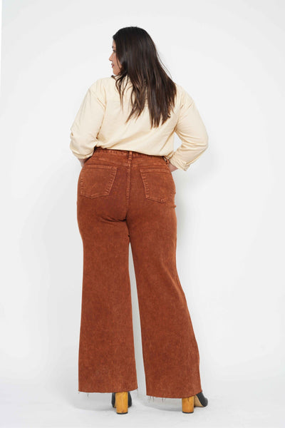 Judy Blue High Waist Garment Dyed Pumpkin Spice Raw Hem Retro Wide Leg Denim 88888-Jeans-Sunshine and Wine Boutique