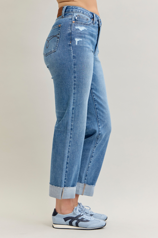 Judy Blue High Waist Criss-Cross Mild Destroy Single Cuff Boyfriend Denim Jeans 881003