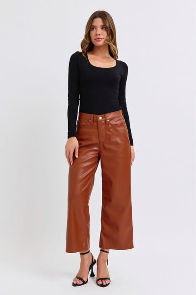 Judy Blue High Waist Tummy Control Camel Faux Leather Wide Leg Crop Denim Jeans 88900-Jeans-Sunshine and Wine Boutique