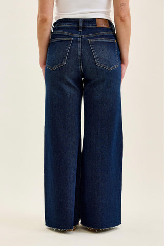 Judy Blue High Waist Adjustable Waistband Tabs Raw Hem Retro Wide Leg Denim Jeans 881114 - Petite