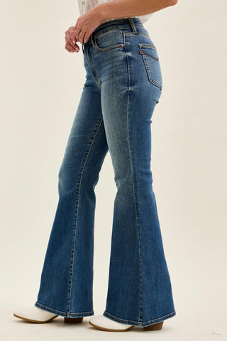 Judy Blue Mid Rise Triple Needle Pockets & Bandana Loop Jaqueline Flare Denim Jeans 82726