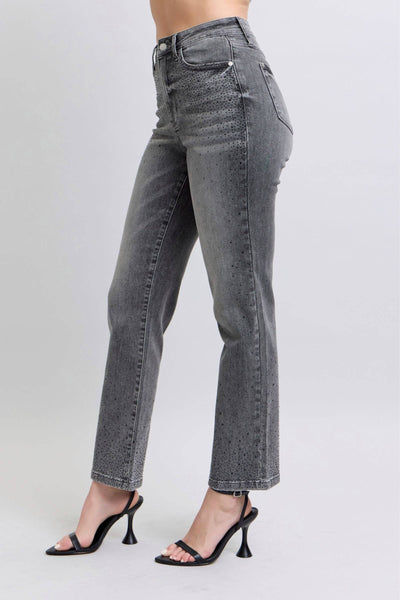 Judy Blue High Waist Rhinestone Gray Straight Denim Jeans 88919-Jeans-Sunshine and Wine Boutique
