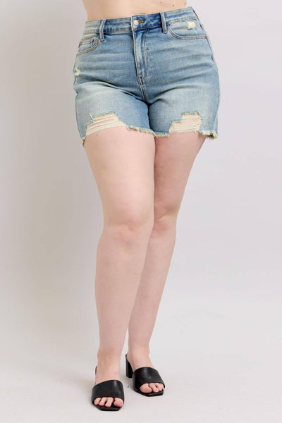 Judy Blue High Waist Vintage Wash Fly Stitch Detail & Destroy Denim Short 150323-Shorts-Sunshine and Wine Boutique