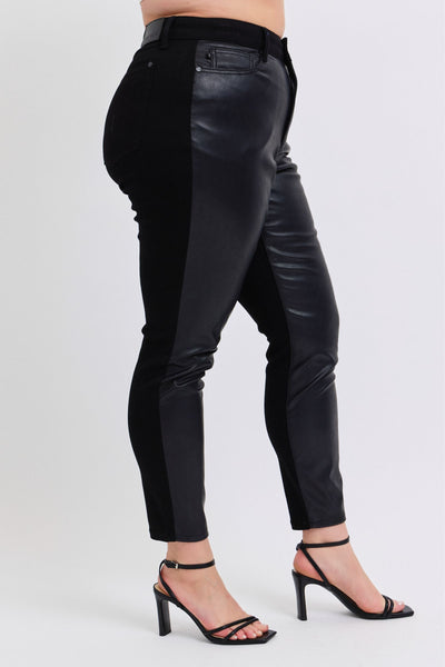 Judy Blue High Waist Faux Leather & Denim Jeans Skinny 88810-Jeans-Sunshine and Wine Boutique