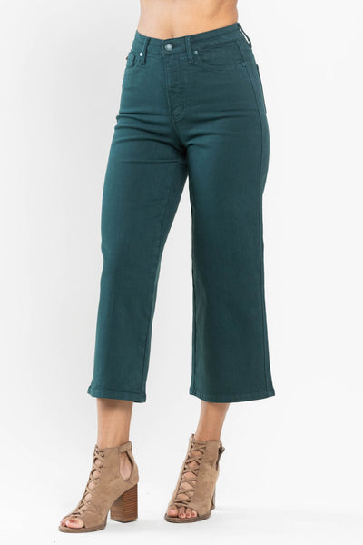 Judy Blue High Waist Tummy Control Top Garment Dyed Wide Leg Crop Teal Denim 88806 - Exclusive-Jeans-Sunshine and Wine Boutique