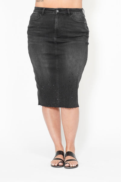 Judy Blue High Waist Rhinestone Embellished Mid Length Black Denim Skirt 2838-Jeans-Sunshine and Wine Boutique