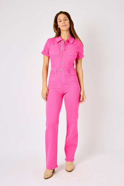 Judy Blue High Waist Garment Dyed Hot Pink Short Sleeve Straight Denim Jumpsuit 88834-Jeans-Sunshine and Wine Boutique
