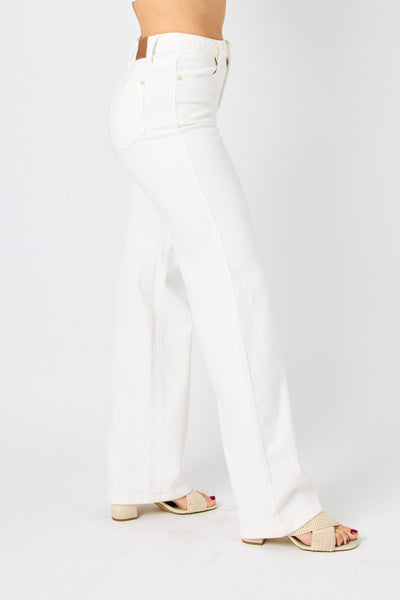 Judy Blue High Waist Braided Waistband White Wide Leg Denim 88781-Jeans-Sunshine and Wine Boutique