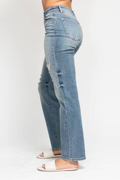 Judy Blue High Waist Harsh Tint & Destroy Straight Dad Denim Jeans 82641-Jeans-Sunshine and Wine Boutique