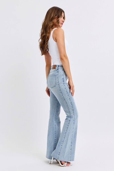 Judy Blue Mid Rise Button Fly Rhinestone Side Panel Detail Flare Denim Jeans 88895-Jeans-Sunshine and Wine Boutique